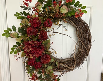 Fall wreath for front door with hydrangea, Rustic woodsy fall wreath, Fall porch decor, Rustic Twig Wreath