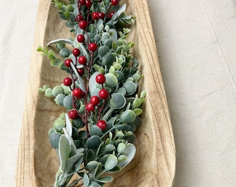 Farmhouse Greenery with red berries for dough bowl, Dough Bowl filler, Eucalyptus and Lamb's Ear Garland for Winter, BOWL NOT INCLUDED