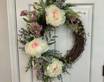 Summer Floral front door wreath, Peony front door decor, Garden Style Wreath, Spring Boho Twig Wreath