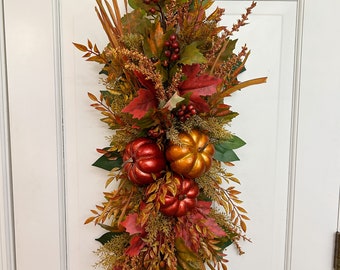 Fall swag wreath for front door with pumpkins, Fall Rustic wreath swag, Fall Outdoor decor,  Autumn Front Porch decor,