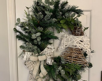 Winter wreath for front door with vine Angel, Rustic Winter Angel wreath