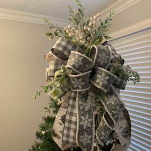 Christmas Tree Topper Bow, Tree Topper Bow, Gray Buffalo Plaid/Check, Farmhouse Christmas image 5