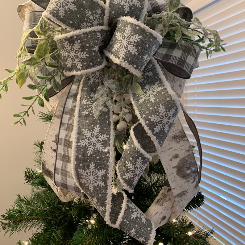 Christmas Tree Topper Bow, Tree Topper Bow, Gray Buffalo Plaid/Check, Farmhouse Christmas image 9