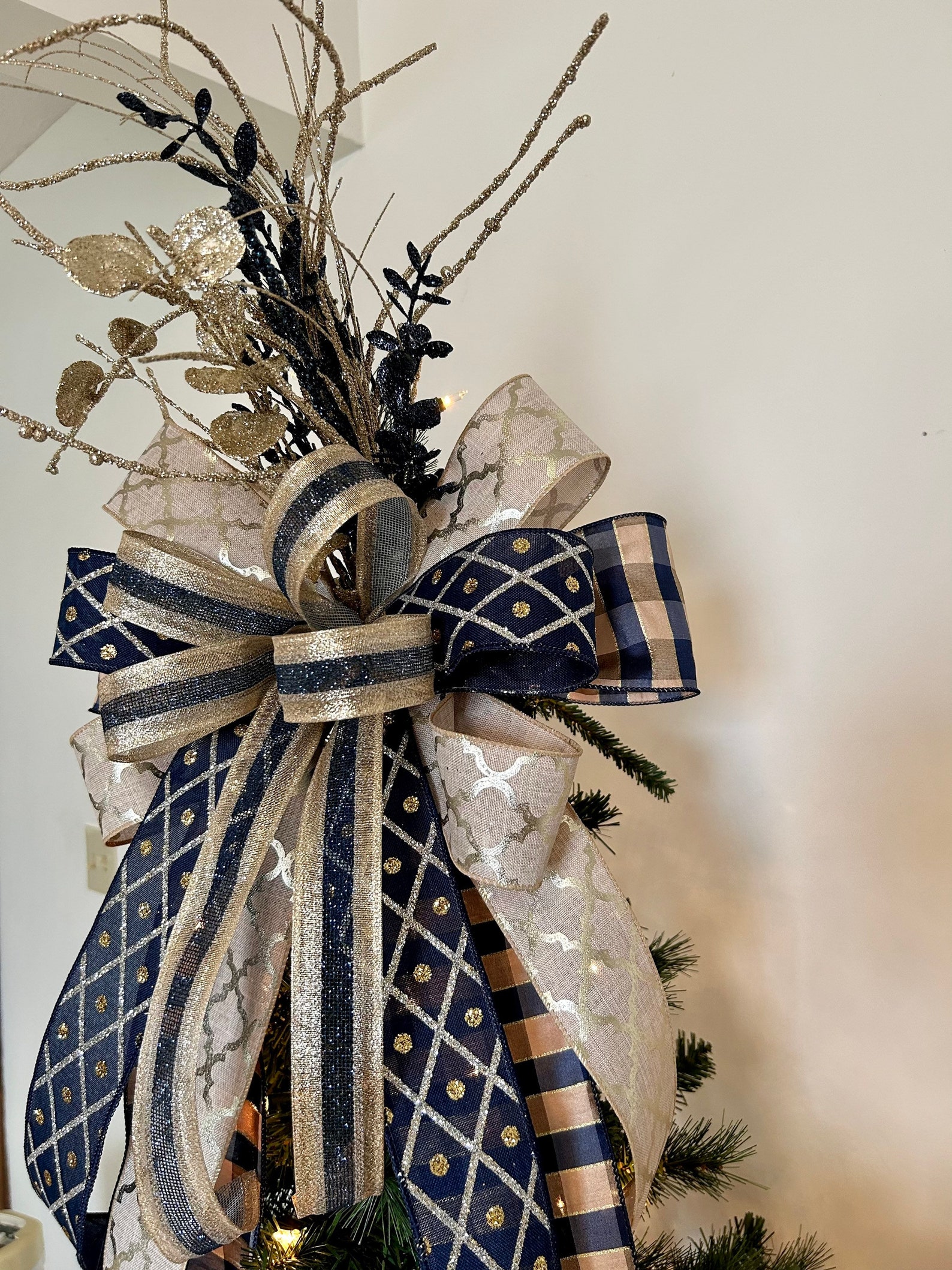Navy and Gold Christmas Tree Bow Topper Elegant Holiday Tree Etsy