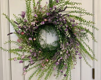 Spring Lavender Wildflower Wreath for front door, Spring Porch Decor, Purple Wildflower Decor, Rustic Spring Wreath, Farmhouse Twig Wreath