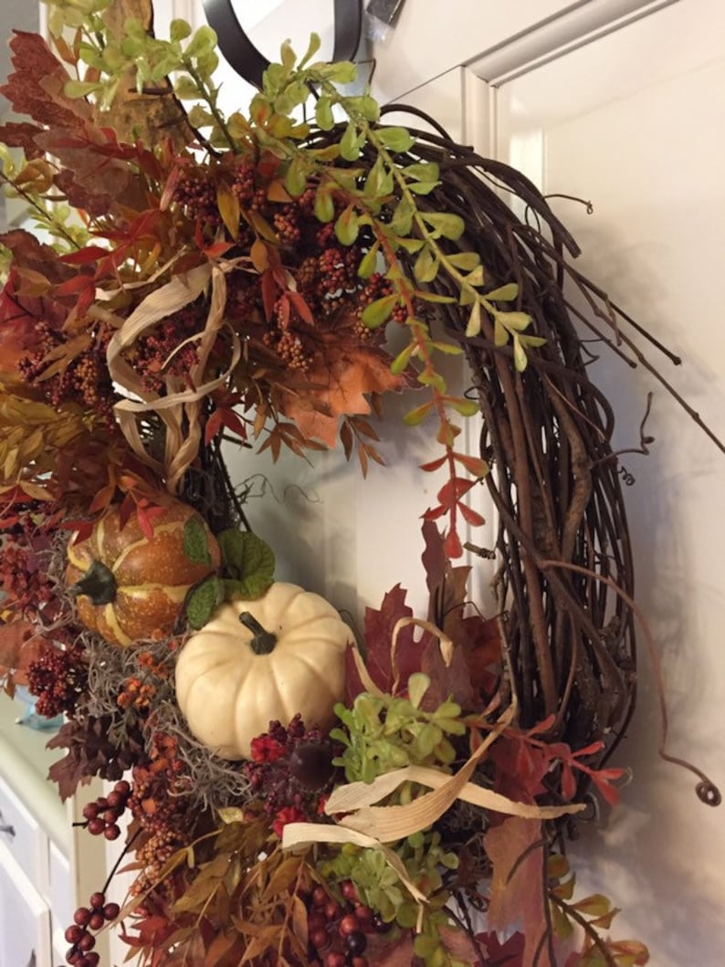 leaves on grapevine Rustic fall wreath with pumpkins pinecones