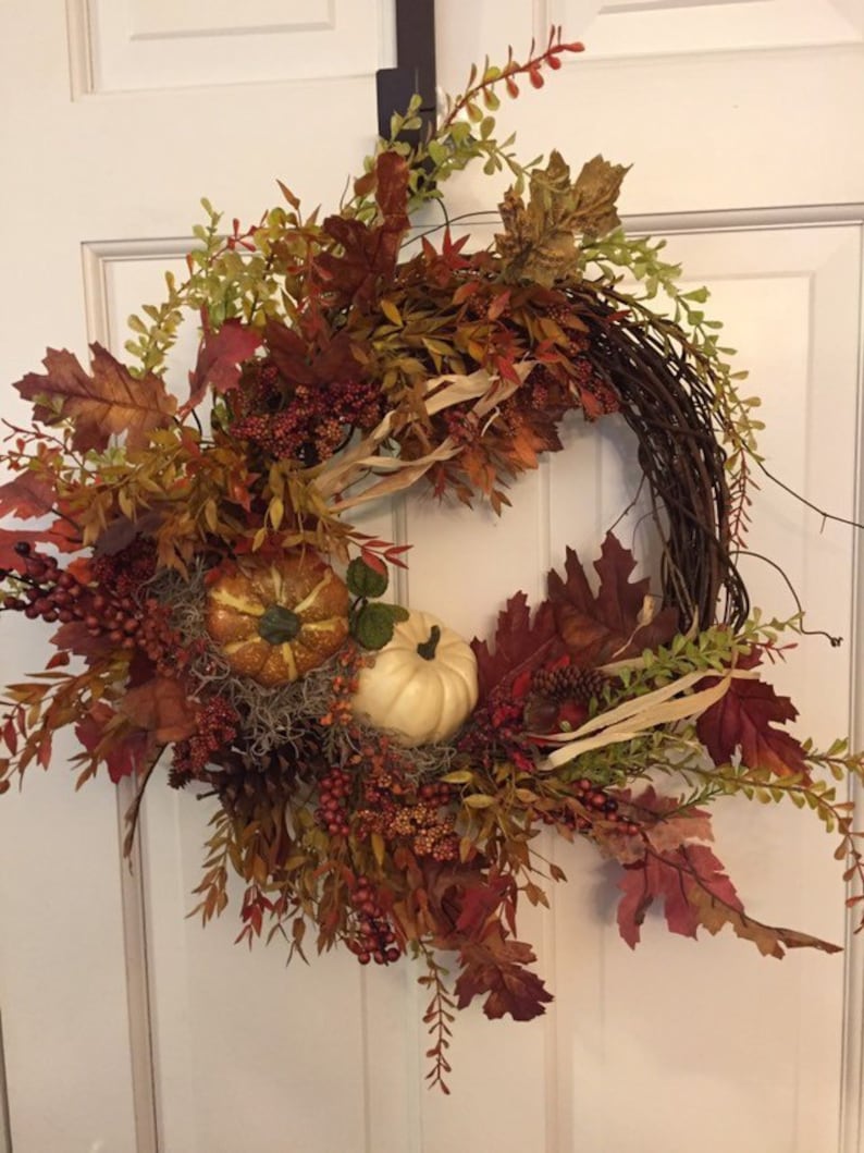 leaves on grapevine Rustic fall wreath with pumpkins pinecones