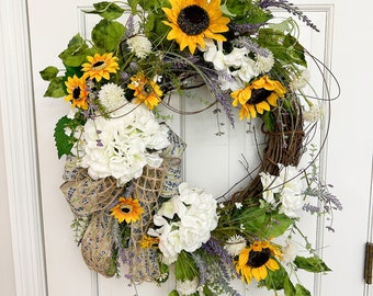 Sunflower Wreath for front door, Summer Sunflower wreath, Farmhouse summer wreath, Summer Porch decor,  Floral Twig Wreath