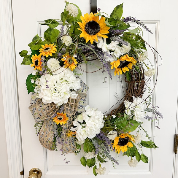 Sunflower Wreath for front door, Summer Sunflower wreath, Garden summer wreath, Summer Porch decor,  Floral Twig Wreath