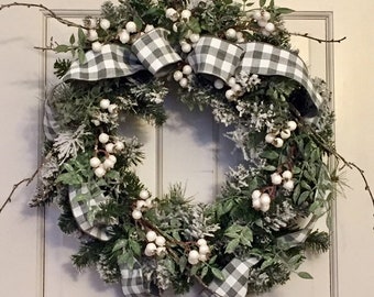 Winter Wreath for front door with gray buffalo check ribbon, White Berry Porch decor, Farmhouse Evergreen Wreath