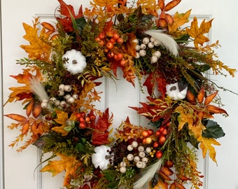 Boho Fall wreath for front door, Colorful Fall Wreath, White Pumpkin Wreath, Fall Porch Decor