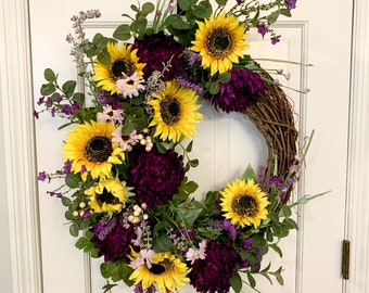 Fall wreath for front door, Sunflower autumn wreath, Sunflower Garden wreath, Summer Porch decor,  Floral Twig Wreath