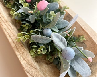 Farmhouse Greenery with Easter eggs for dough bowl, Dough Bowl filler, Eucalyptus and Lamb's Ear Garland for Spring, BOWL NOT INCLUDED