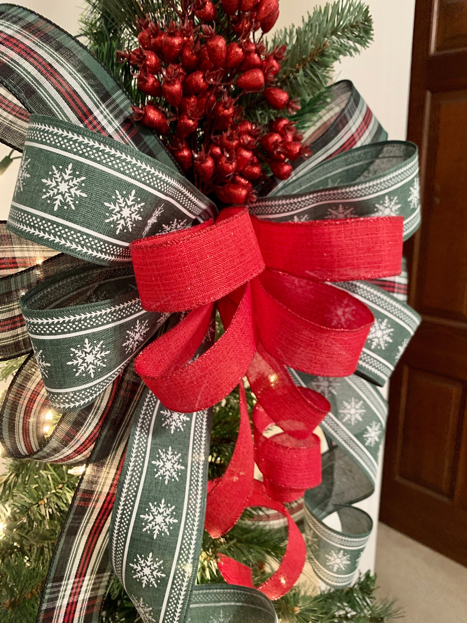 Traditional Christmas Tree Topper Bow With Red Berries Rustic Etsy
