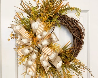 Fall Wreath for front door, Outdoor Autumn wreath, Pumpkin ribbon and fall greenery wreath, Thanksgiving gift wreath