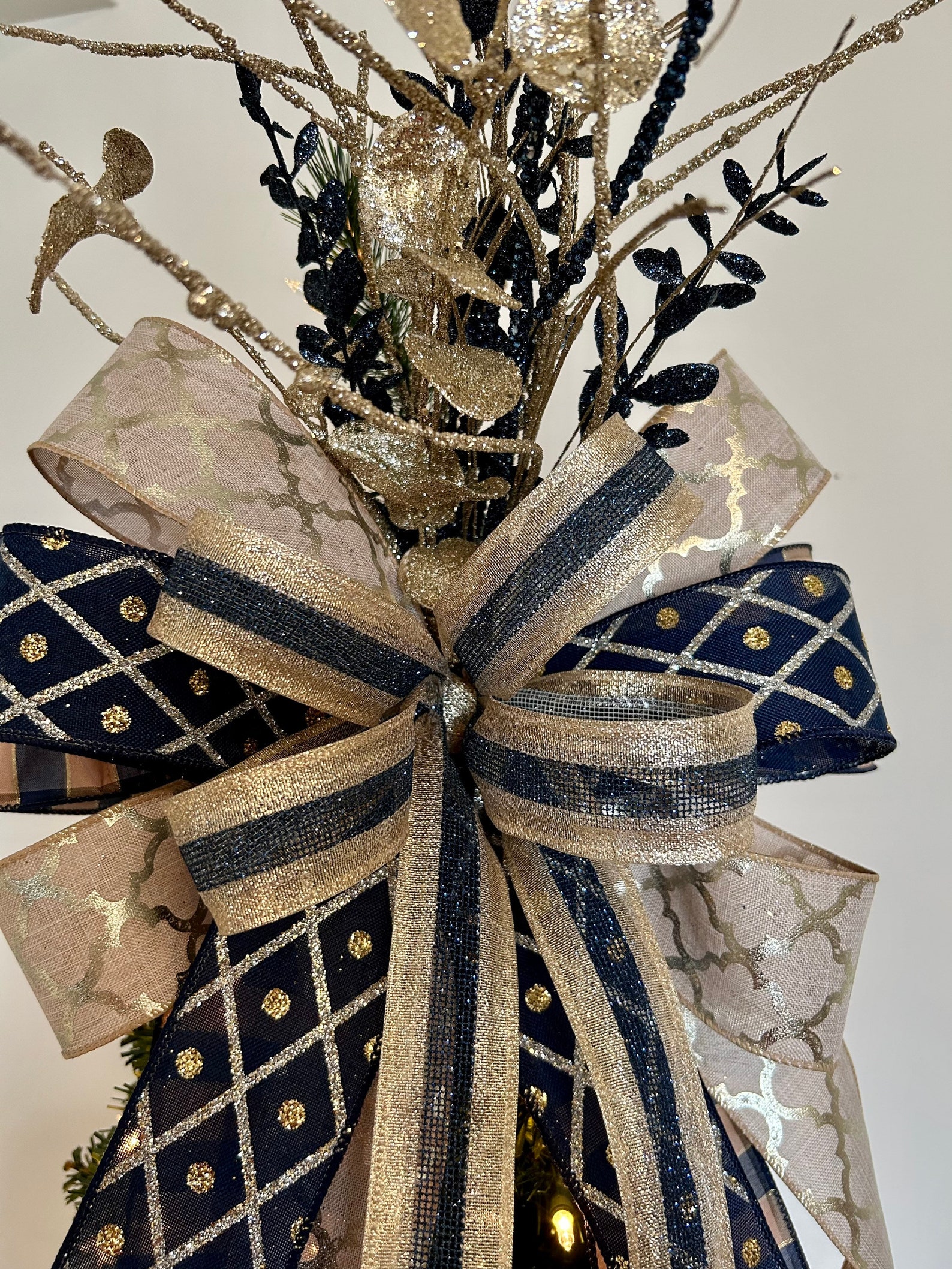 Navy and Gold Christmas Tree Bow Topper Elegant Holiday Tree Etsy