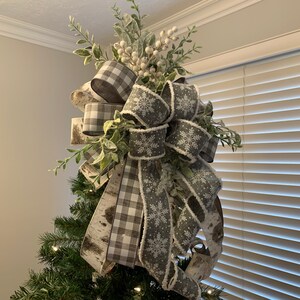 Christmas Tree Topper Bow, Tree Topper Bow, Gray Buffalo Plaid/Check, Farmhouse Christmas image 3