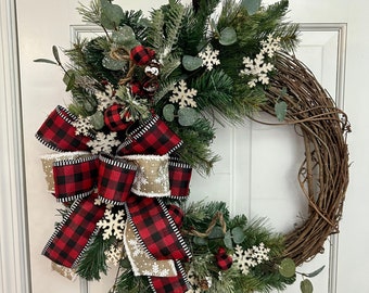 Winter wreath for front door, Porch Decor, Farmhouse Winter Wreath with red buffalo plaid/check ribbon, Snowflake Wreath