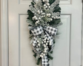 Winter wreath swag with white snowy berries for front door, Gray buffalo plaid/check swag