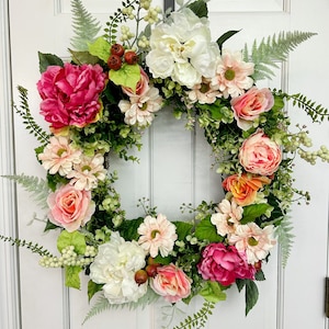 Spring floral wreath for front door, Summer Flower wreath, Pink Garden Wreath for porch, Summer All Around Flower Wreath, Pink Flower Wreath
