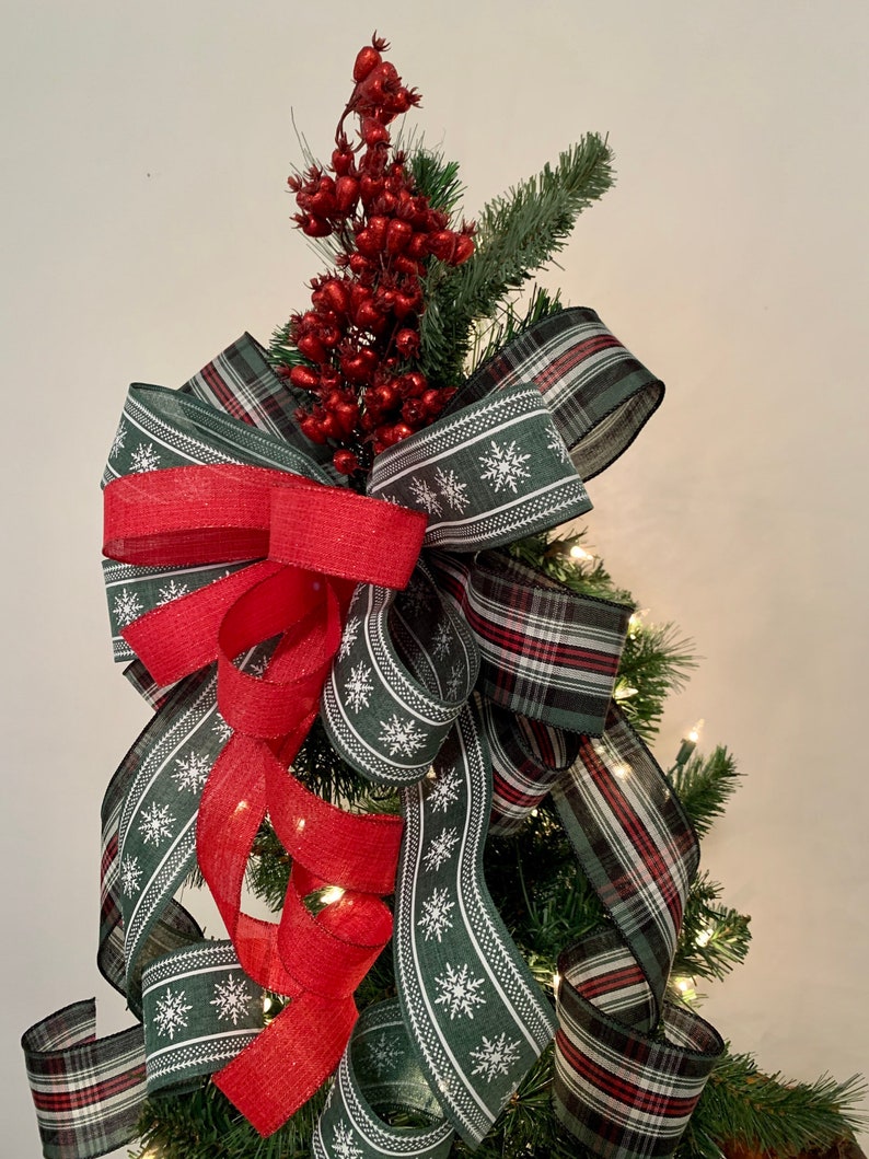 Traditional Christmas Tree Topper Bow With Red Berries Rustic Etsy