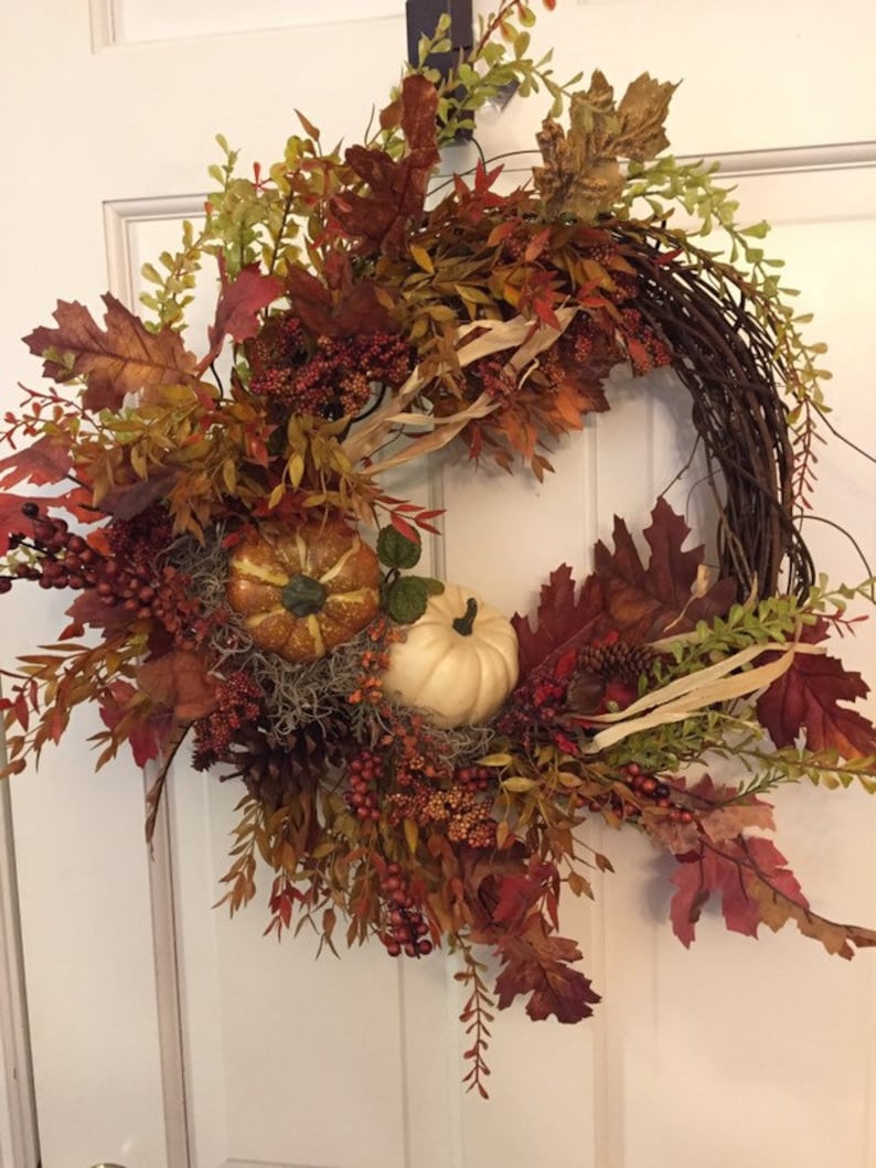 leaves on grapevine Rustic fall wreath with pumpkins pinecones