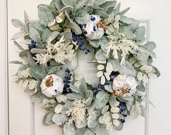 Fall wreath for front door with blue and white pumpkins, Boho Chinoiserie Lamb’s Ear Wreath, Fall Porch Twig Wreath