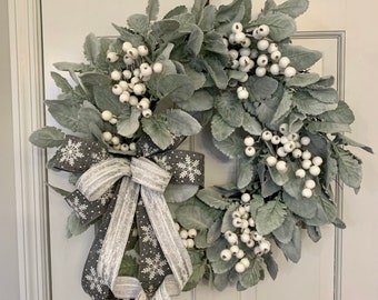 Winter wreath for front door, Snowy Lamb's Ear Christmas Wreath,