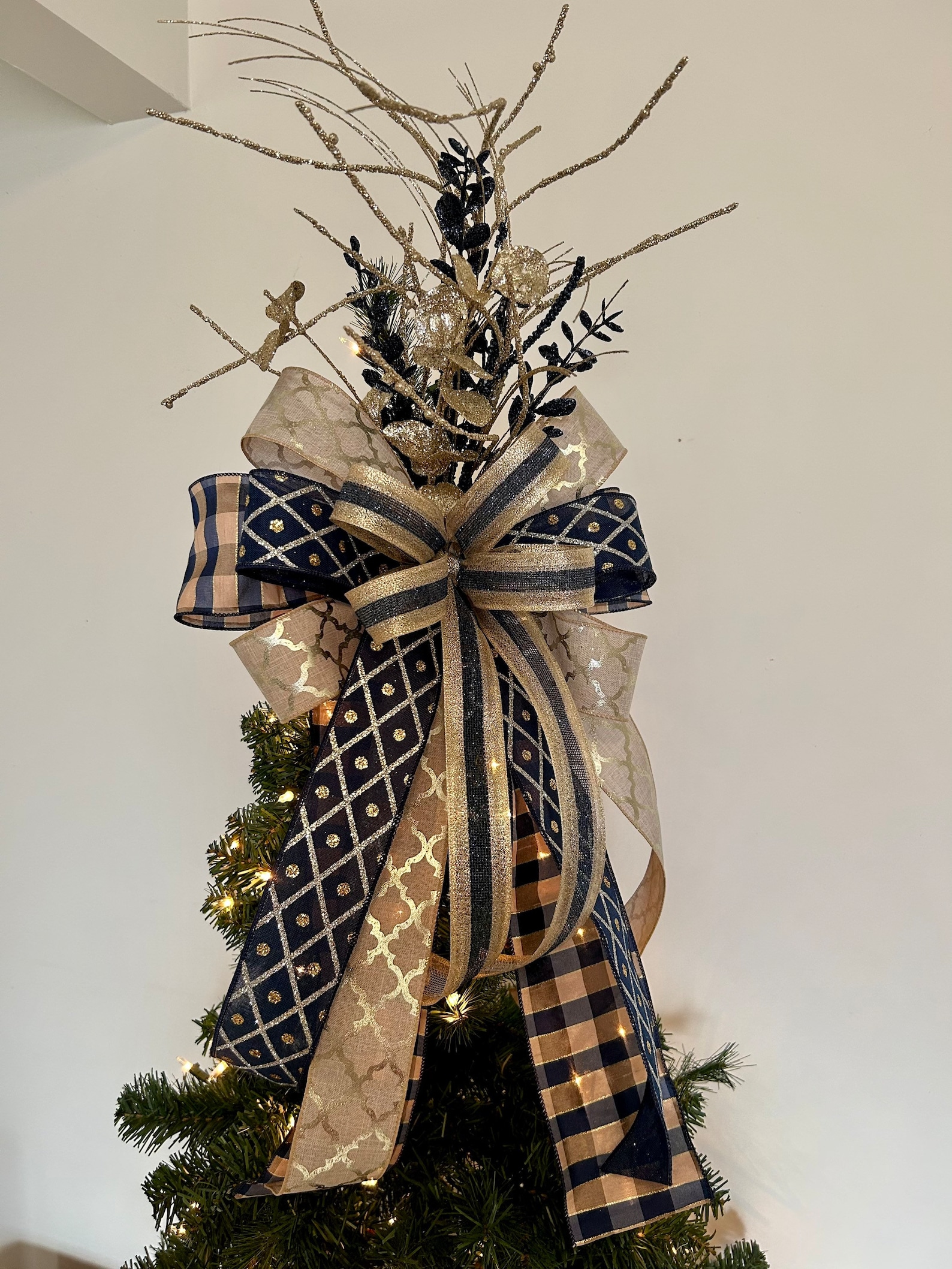 Navy and Gold Christmas Tree Bow Topper Elegant Holiday Tree Etsy