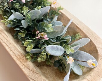 Farmhouse Greenery with spring flowers for dough bowl, Dough Bowl filler, Eucalyptus and Lamb's Ear Garland for Spring, BOWL NOT INCLUDED