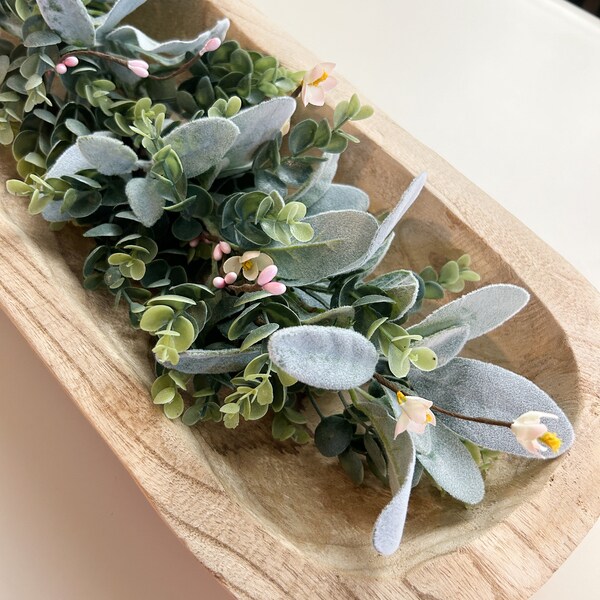 Farmhouse Greenery with spring flowers for dough bowl, Dough Bowl filler, Eucalyptus and Lamb's Ear Garland for Spring, BOWL NOT INCLUDED