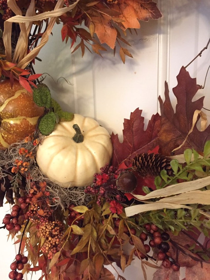 leaves on grapevine Rustic fall wreath with pumpkins pinecones