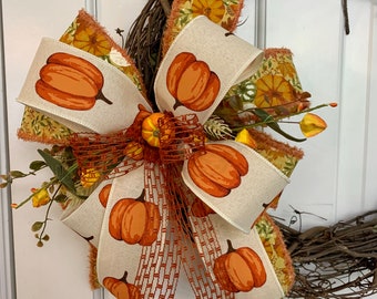 Fall Bow for wreath or lantern with greenery and mini pumpkin,  BOW ONLY for Fall Wreath or Swag