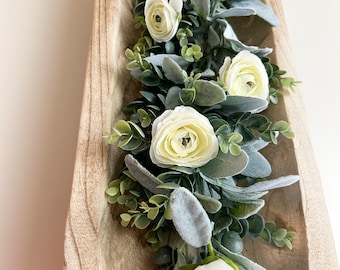 Farmhouse Greenery with white flowers for dough bowl, Dough Bowl filler, Eucalyptus and Lamb's Ear Garland for Winter, BOWL NOT INCLUDED