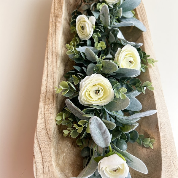 Farmhouse Greenery with white flowers for dough bowl, Dough Bowl filler, Eucalyptus and Lamb's Ear Garland for Winter, BOWL NOT INCLUDED