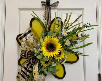 Sunflower grapevine wreath door hanger for front door, Sunflower wreath for front door