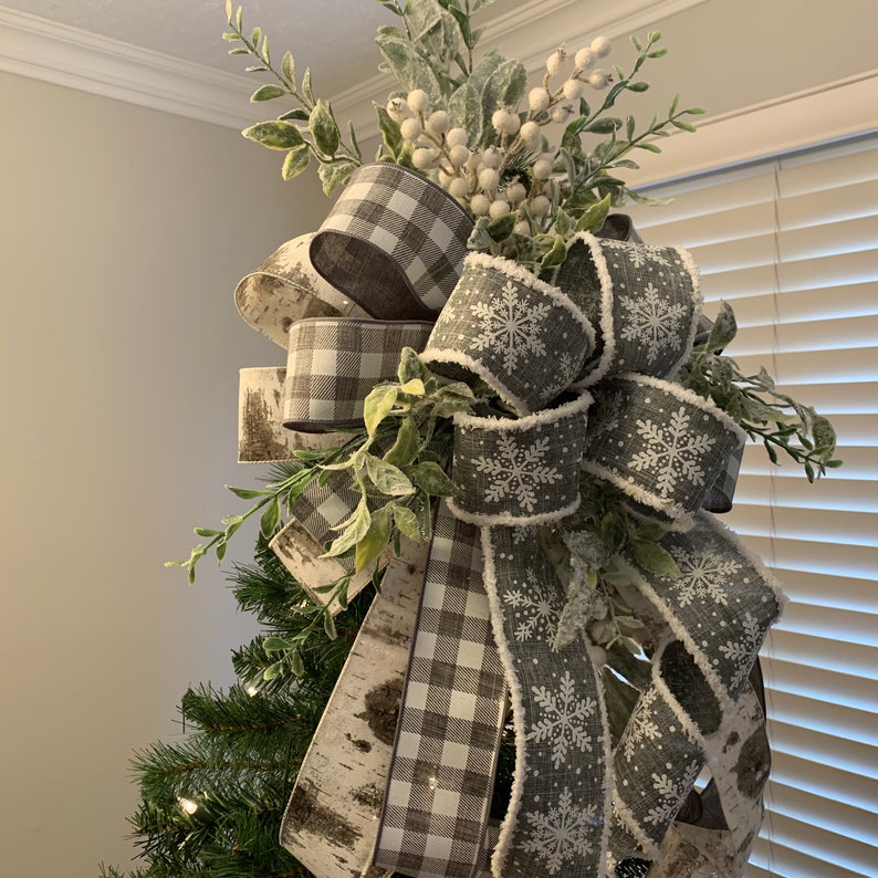 Christmas Tree Topper Bow, Tree Topper Bow, Gray Buffalo Plaid/Check, Farmhouse Christmas image 6