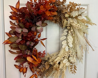 Fall Ombré greenery wreath for front door, Rustic woodsy fall wreath, Fall color block porch decor, Rustic Boho Twig Wreath