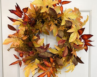 Fall wreath for front door all around design, Woodsy Farmhouse Fall wreath, Rustic Fall Front Door Wreath, Fall wreath for outdoors