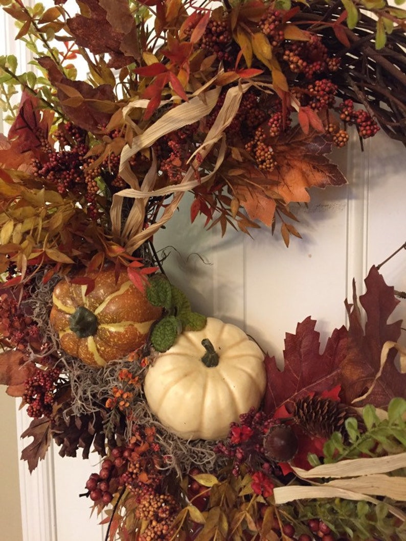leaves on grapevine Rustic fall wreath with pumpkins pinecones
