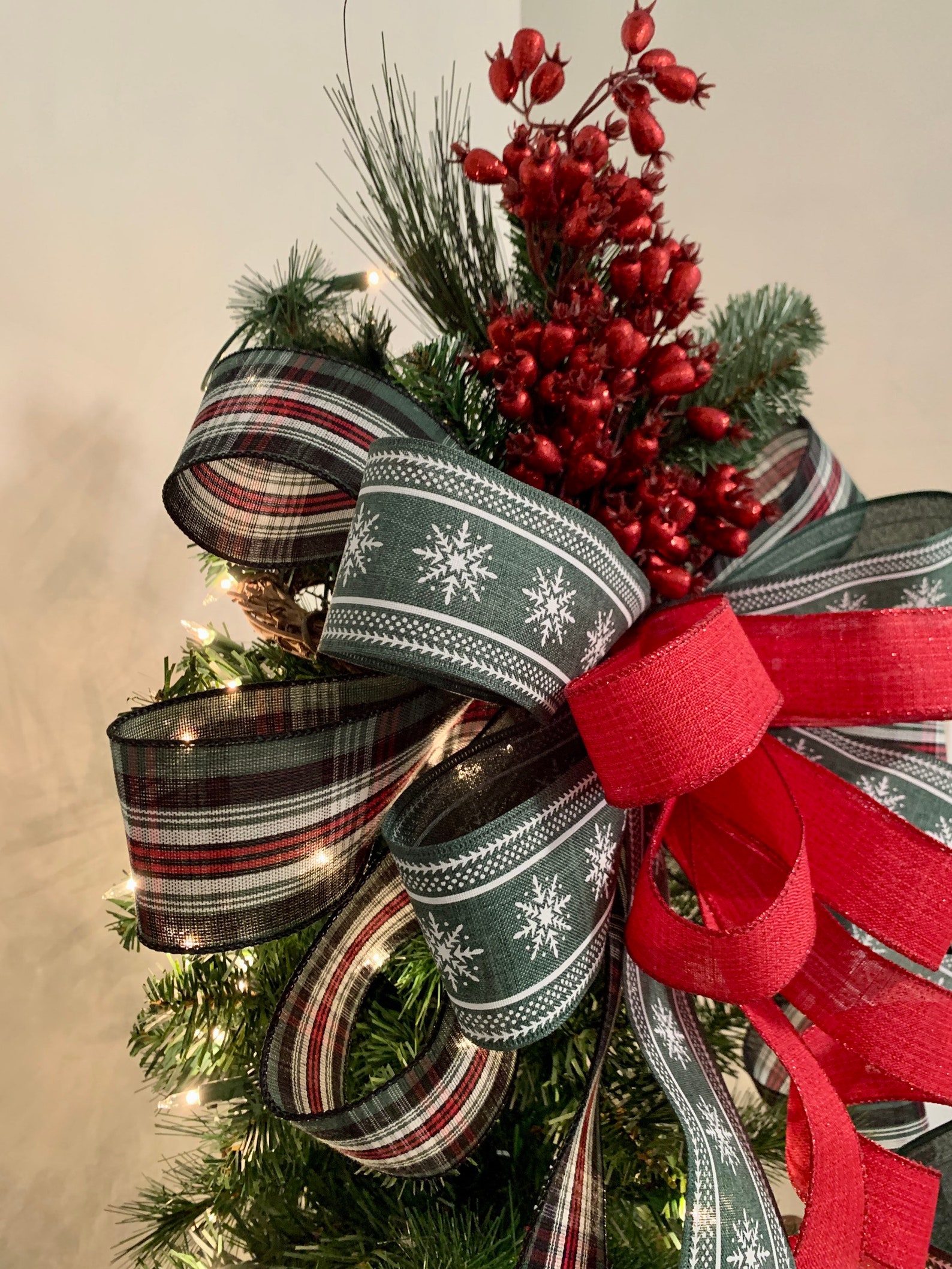 Traditional Christmas Tree Topper Bow With Red Berries Rustic Etsy