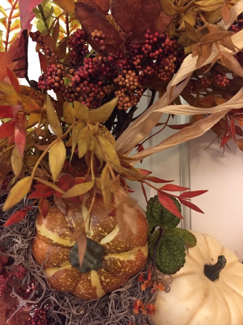 leaves on grapevine Rustic fall wreath with pumpkins pinecones