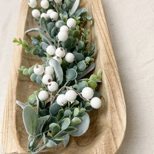 Farmhouse Greenery with white berries for dough bowl, Dough Bowl filler, Eucalyptus and Lamb's Ear Garland for Winter, BOWL NOT INCLUDED
