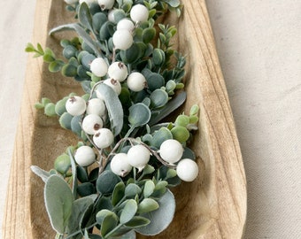 Farmhouse Greenery with white berries for dough bowl, Dough Bowl filler, Eucalyptus and Lamb's Ear Garland for Winter, BOWL NOT INCLUDED