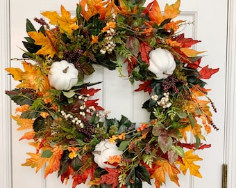 Fall Foliage wreath for front door, Traditional Colorful Fall Decor, White Pumpkin Wreath, Fall Outdoor Porch Decor