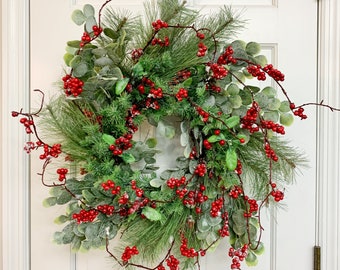 Winter Greenery Wreath for front door, winter Porch decor, Outdoor artificial Evergreen Wreath, Christmas wreath for mantel