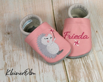 Krabbelpuschen  Lederpuschen  Babyschuhe  Krabbelschuhe  Igel  Windmühle, mit Namen