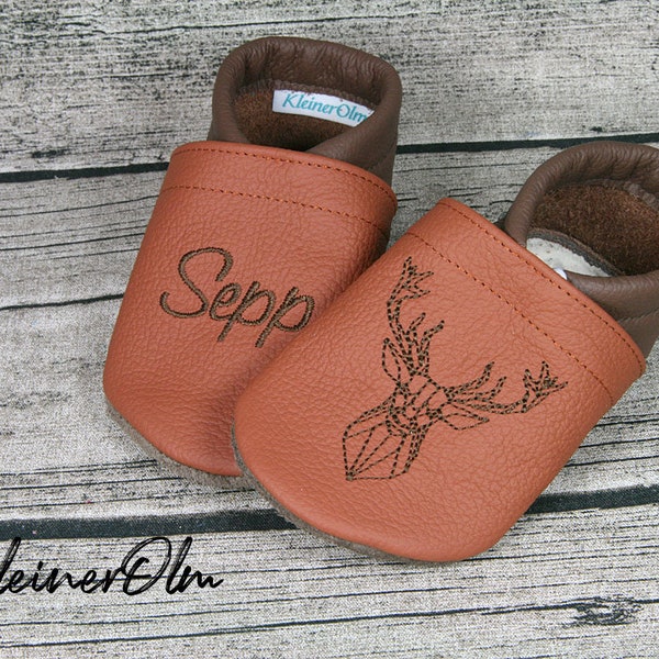 Krabbelpuschen  Lederpuschen  Babyschuhe  Krabbelschuhe  Hirsch  Geo, Name