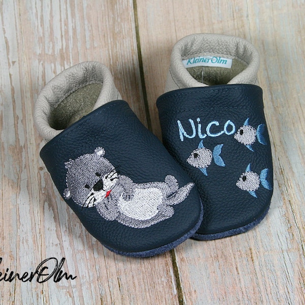 Krabbelpuschen  Lederpuschen  Babyschuhe  Krabbelschuhe  Otter  Fisch, Name