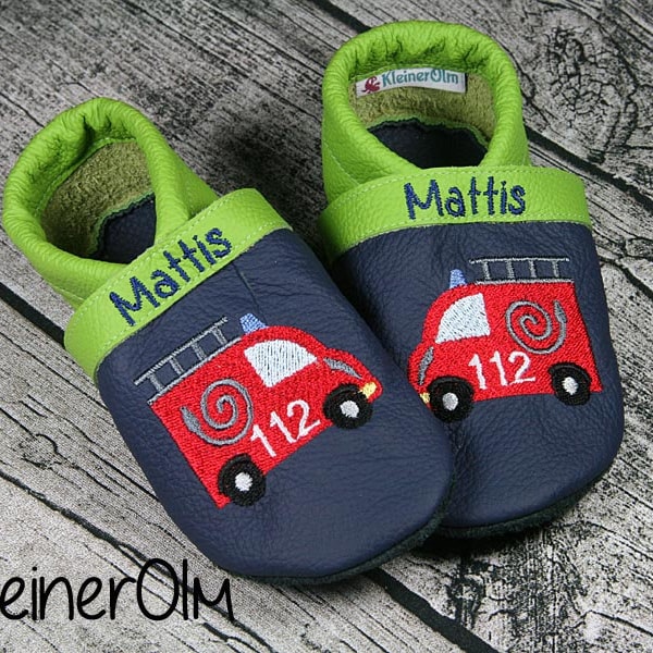 Krabbelpuschen  Lederpuschen  Babyschuhe  Krabbelschuhe  Feuerwehr